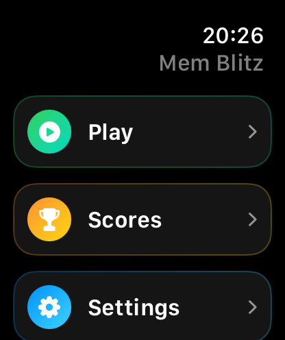 Mem Blitz main menu on Apple Watch showing Play, Scores, and Settings